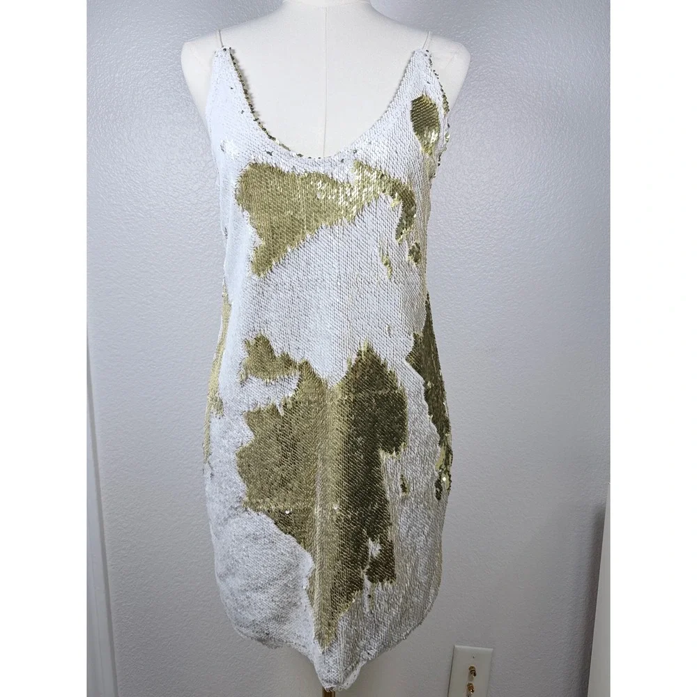 Intimately Free People Seeing Double Reverse Sequin Slip Mini Dress Gold Whit LG